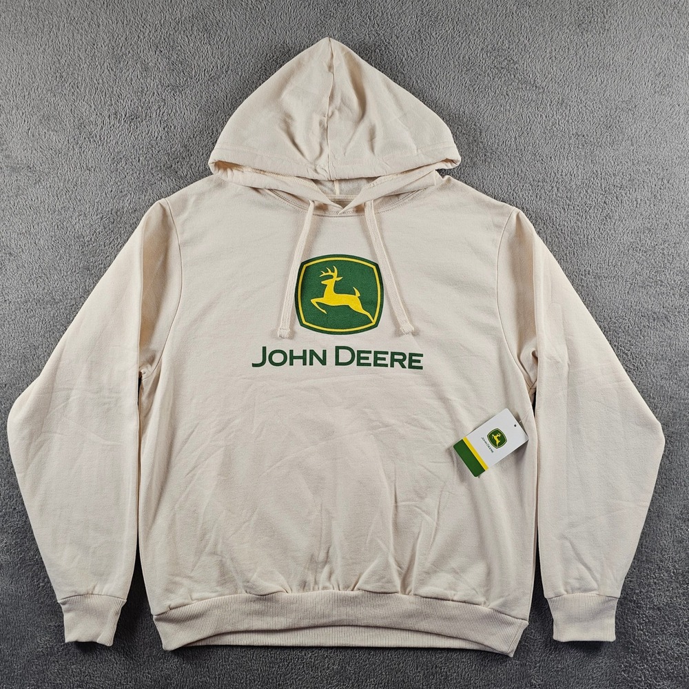 John Deere Mens Cream Pink Graphic Logo Hoodie Sweatshirt Medium NEW